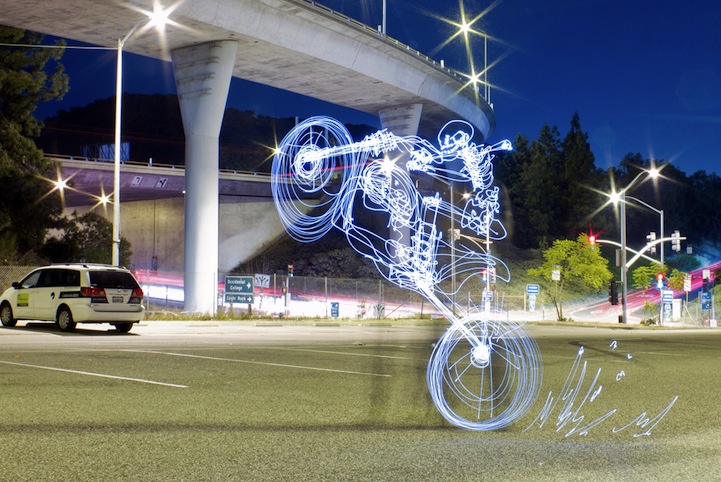 Darius Twin light paints a skateboarding skeleton